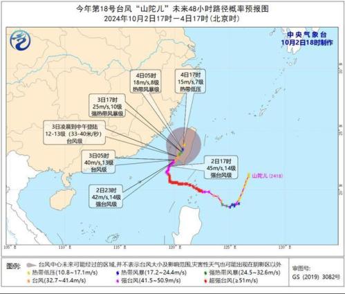 台风橙色预警：“山陀儿”将于3日凌晨至中午登陆台湾岛沿海